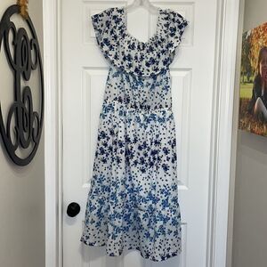 Rosie Pope Maternity Blue & White Floral Serena off the shoulder Dress